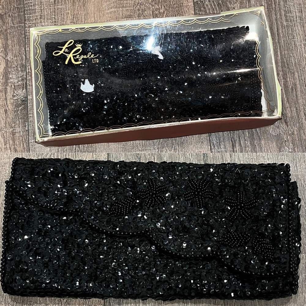 La Regale Black Beaded Formal Clutch Envelope Purse Handbag Cocktail Evening